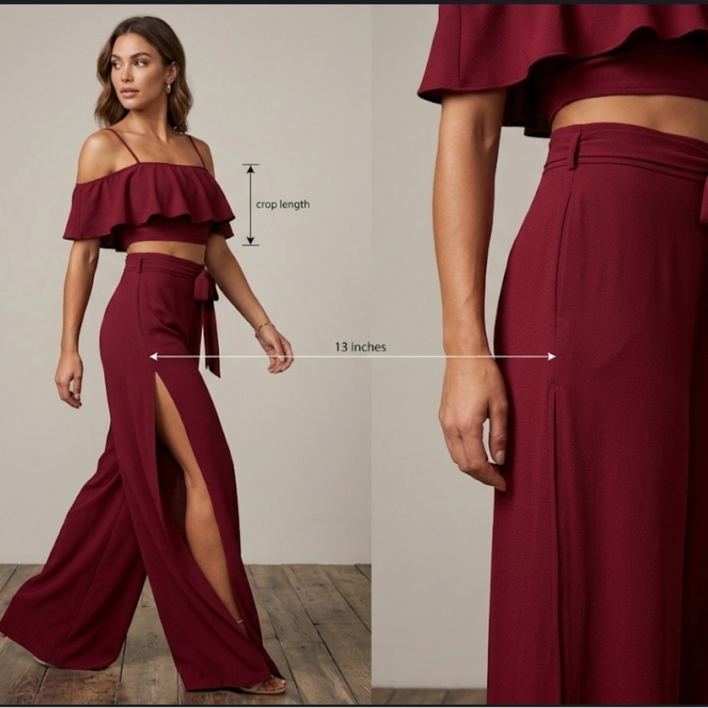 Wine Two-Piece Off-Shoulder Crop Top (L) & High-Slit Wide Leg Pants (M) Set
